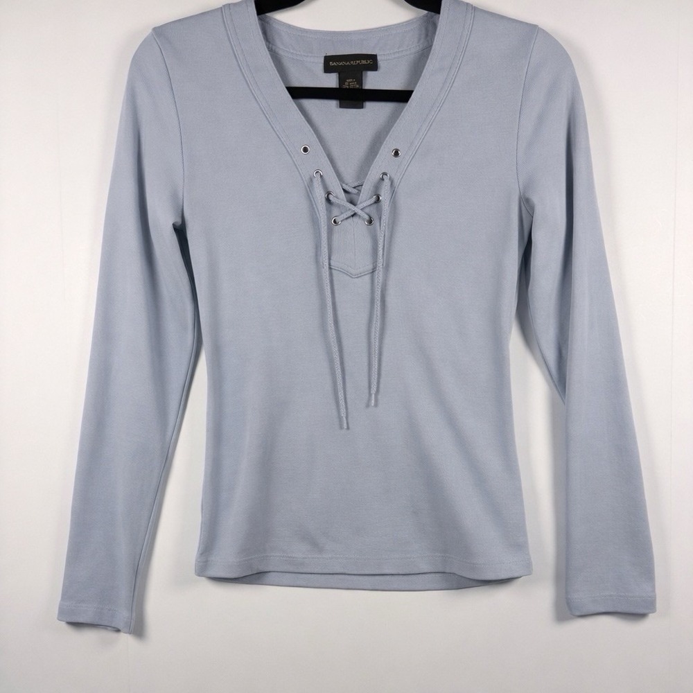 Banana Republic Womens Light Blue Lace Up V-Neck Long Sleeve Ribbed Cotton Top S